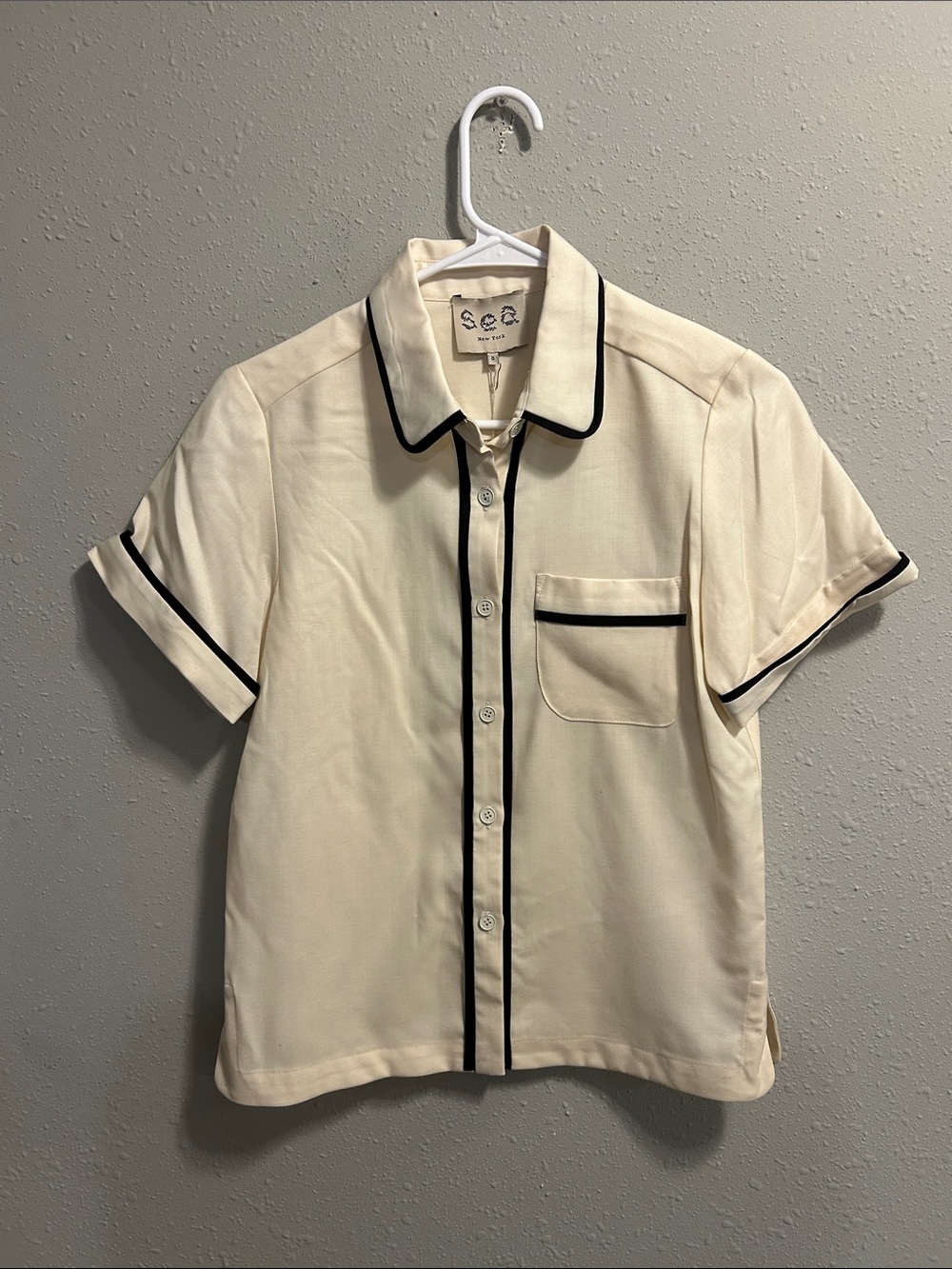 Sea New York Piped Wool Button Up Short Sleeve Shirt Cream Black